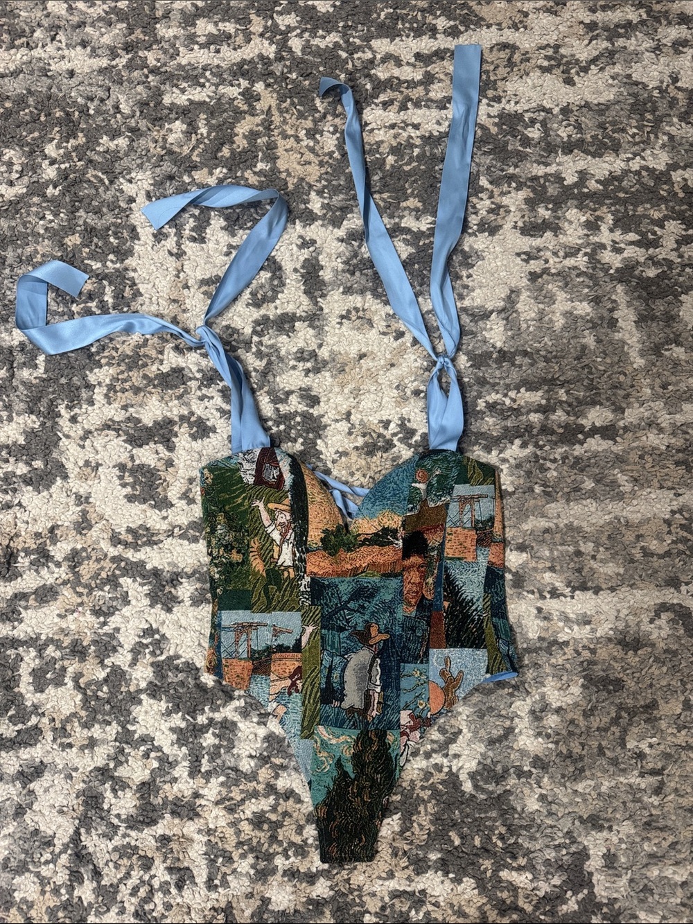 Blue-Trim Tapestry Corset Top